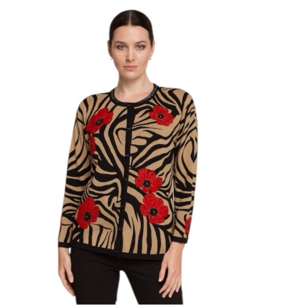 Vintage Jack B. Quick Zebra Print Floral Sequin & Beaded Cardigan Sweater Sz. XL